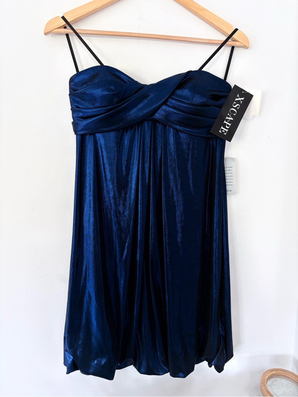 NWT XSCAPE by Joanna Chen Metallic Blue Strapless Mini Dress 10 Twisted Bust